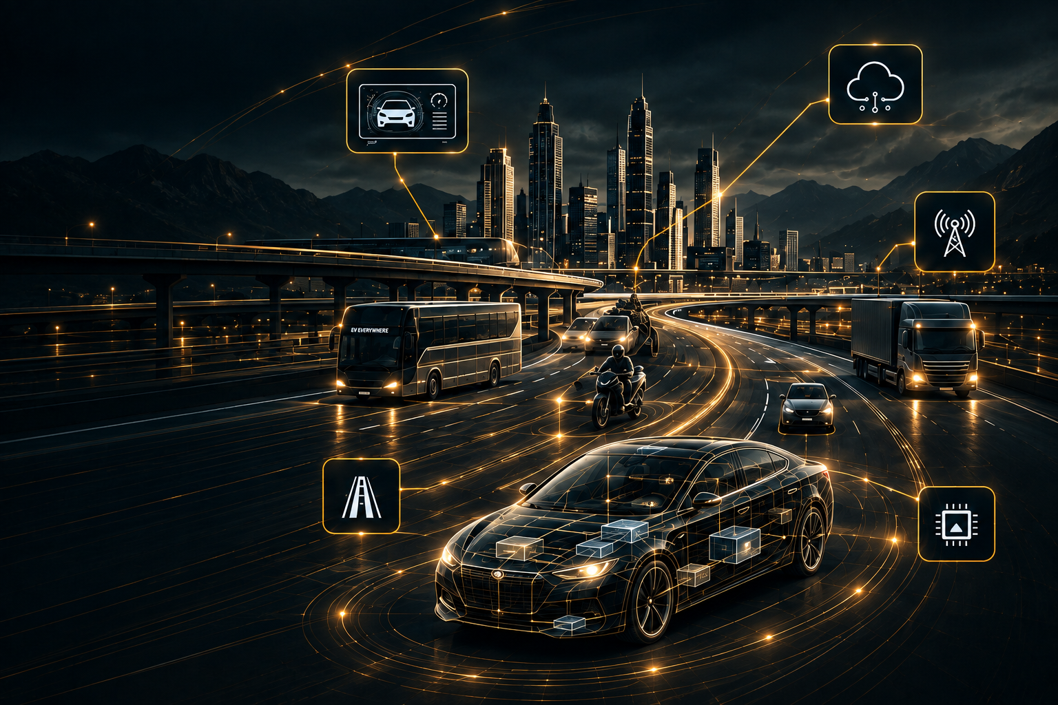 Connected vehicles on a highway with cloud and processing icons