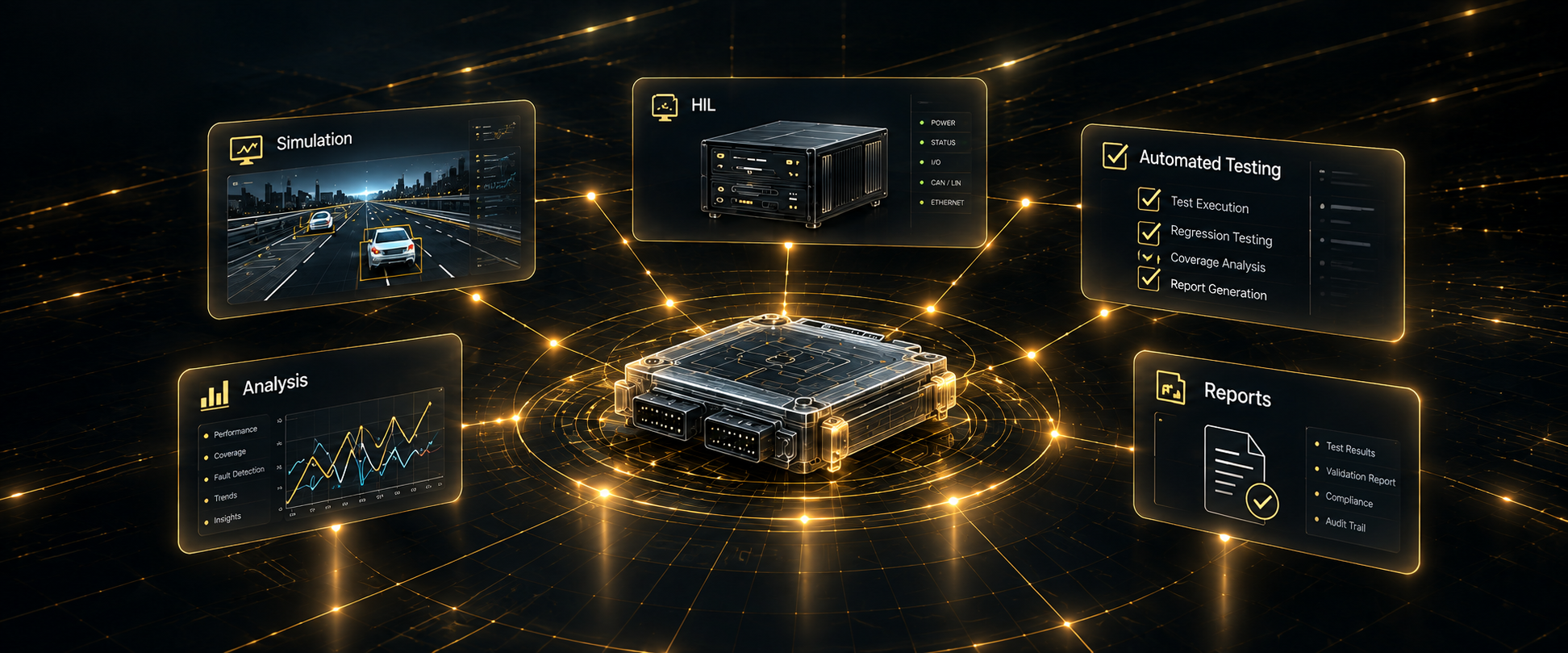 Validation dashboard with simulation, HIL bench, automated testing and reports around an ECU